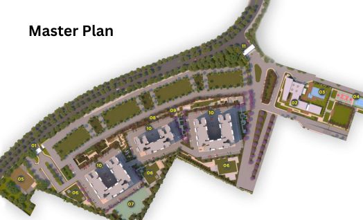 Bagmane Encore Whitefield master plan showing 6 office towers and central hub in Whitefield